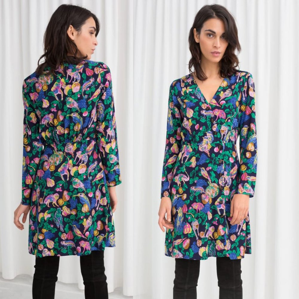 & Other Stories asymmetric button up wrap dress, jungle monkey print, US 10